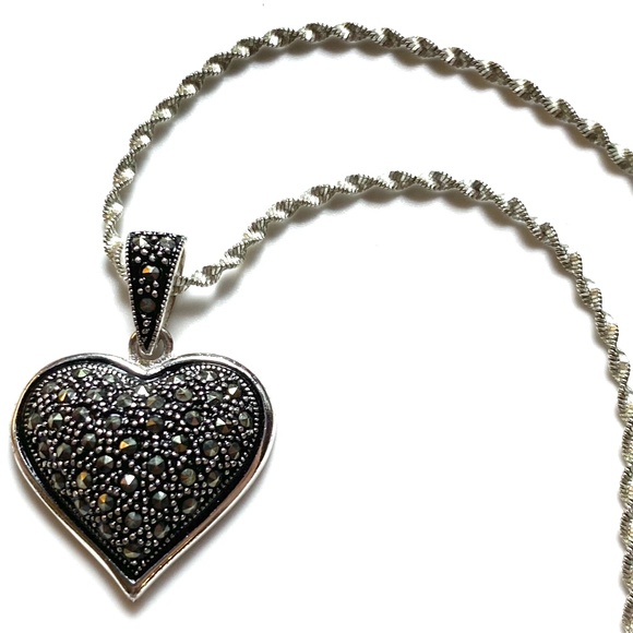 Sterling Silver Heart Shaped Marcasite Necklace - Picture 4 of 7